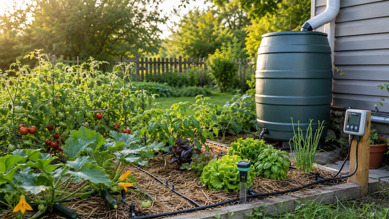 photo d'un potager d’été avec goutte-à-goutte, récupérateur d’eau de pluie et sonde d’arrosage