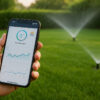 Gros plan sur main tenant un smartphone affichant une application d’arrosage avec courbes d’humidité du sol et météo du jour, pelouse nette et têtes d’arrosage au second plan