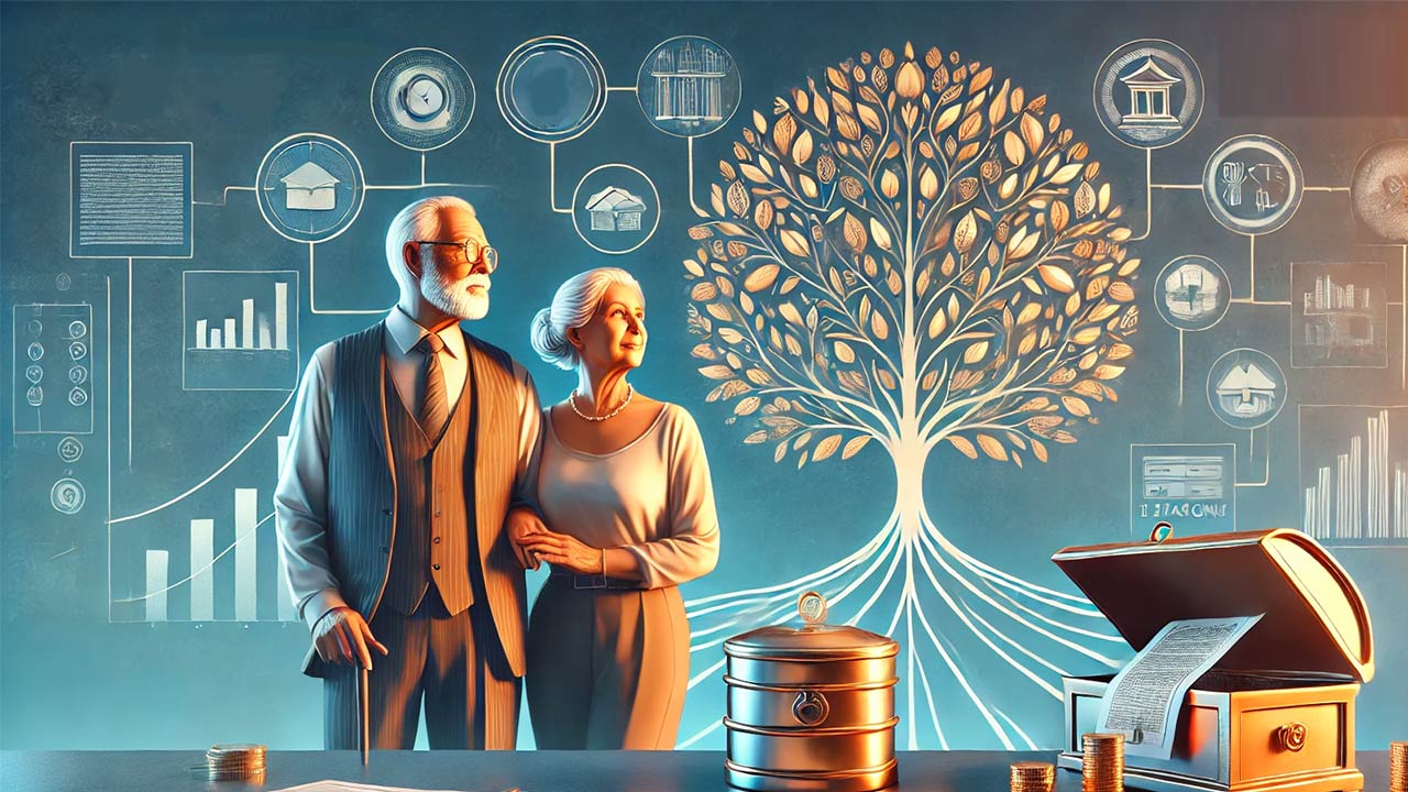 visuel avec un couple de septagènaires entouré de symboles de l'assurance vie