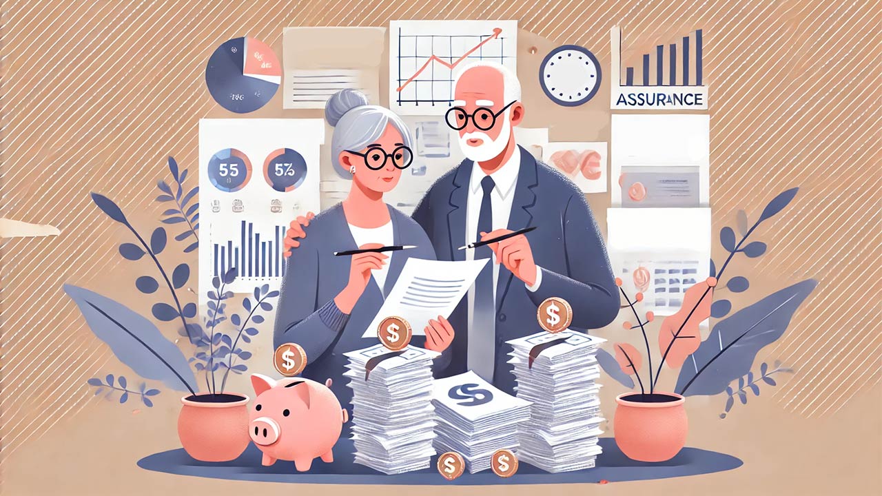 un couple de seniors explorant les possibilités de l'assurance-vie, avec des graphiques et des piles de documents symbolisant la fiscalité et les stratégies d'épargne, dans un style illustratif moderne et clair.