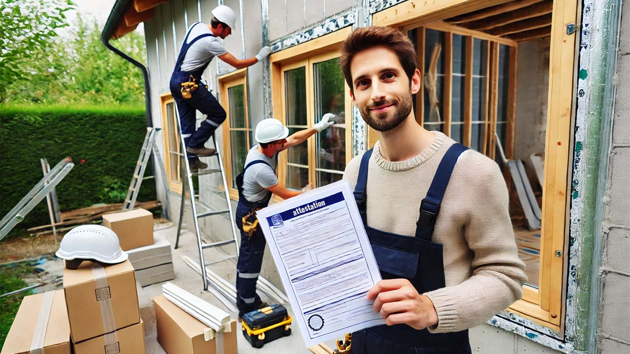  artisan certifié RGE montrant un document d'attestation de travaux au propriétaire d'une maison en rénovation. Derrière eux, on voit des ouvriers installant des fenêtres à double vitrage et posant des matériaux isolants sur les murs extérieurs.