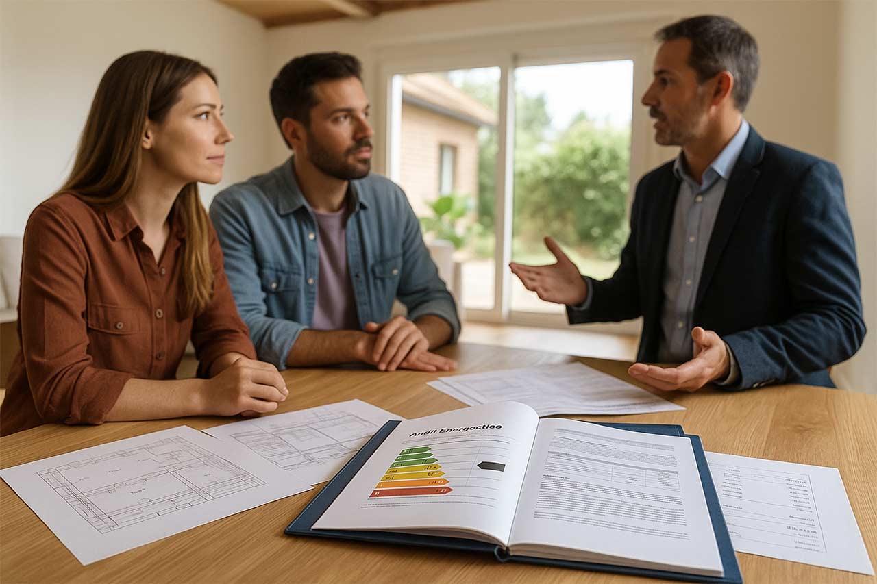  scène de visite immobilière en maison individuelle, dossier d’audit énergétique ouvert sur une table, plans et devis visibles, couple d’acheteurs et agent discutant, ambiance lumineuse