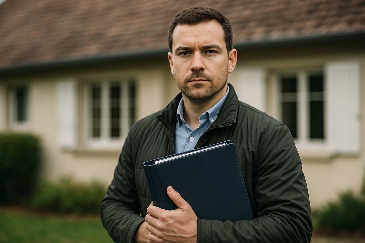 Portrait d’un acheteur confiant tenant un classeur de diagnostics devant une maison, expression déterminée, arrière-plan flou avec toiture et menuiseries,