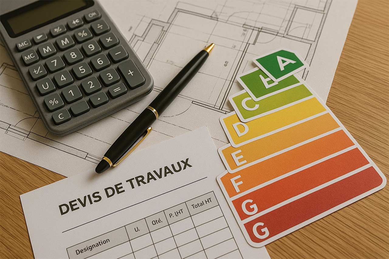 Composition symbolique de négociation : calculatrice, stylo, pile de devis travaux, étiquettes énergie (A à G) posées sur un plan de rénovation