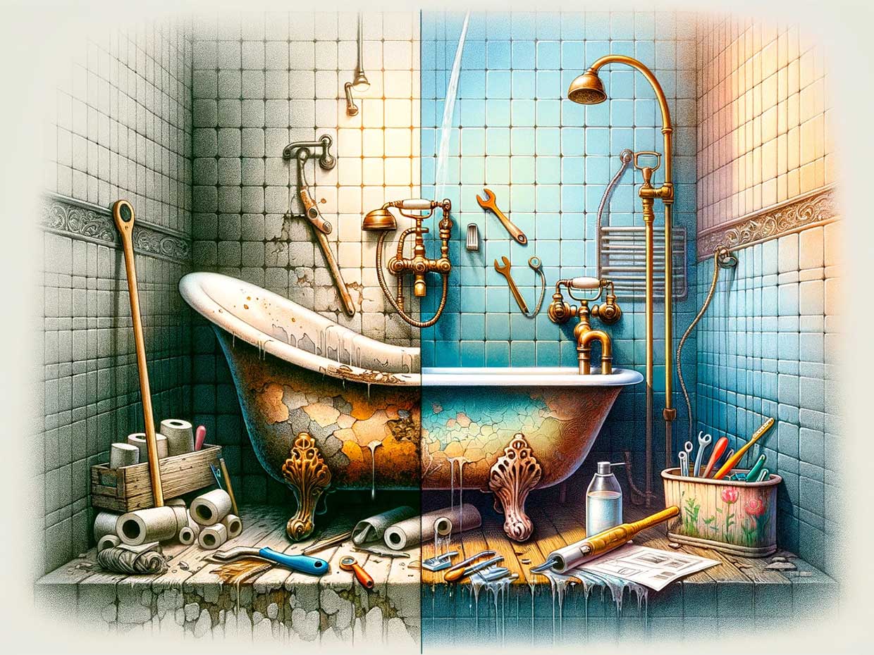 transformation d'une douche, montrant une scène métaphorique de transition. D'un côté, une vieille douche avec des carreaux fissurés et un pommeau rouillé, et de l'autre, une douche moderne avec des carreaux brillants, une robinetterie élégante et un design épuré. Entre les deux, des éléments symboliques comme des outils de rénovation et des plans de design