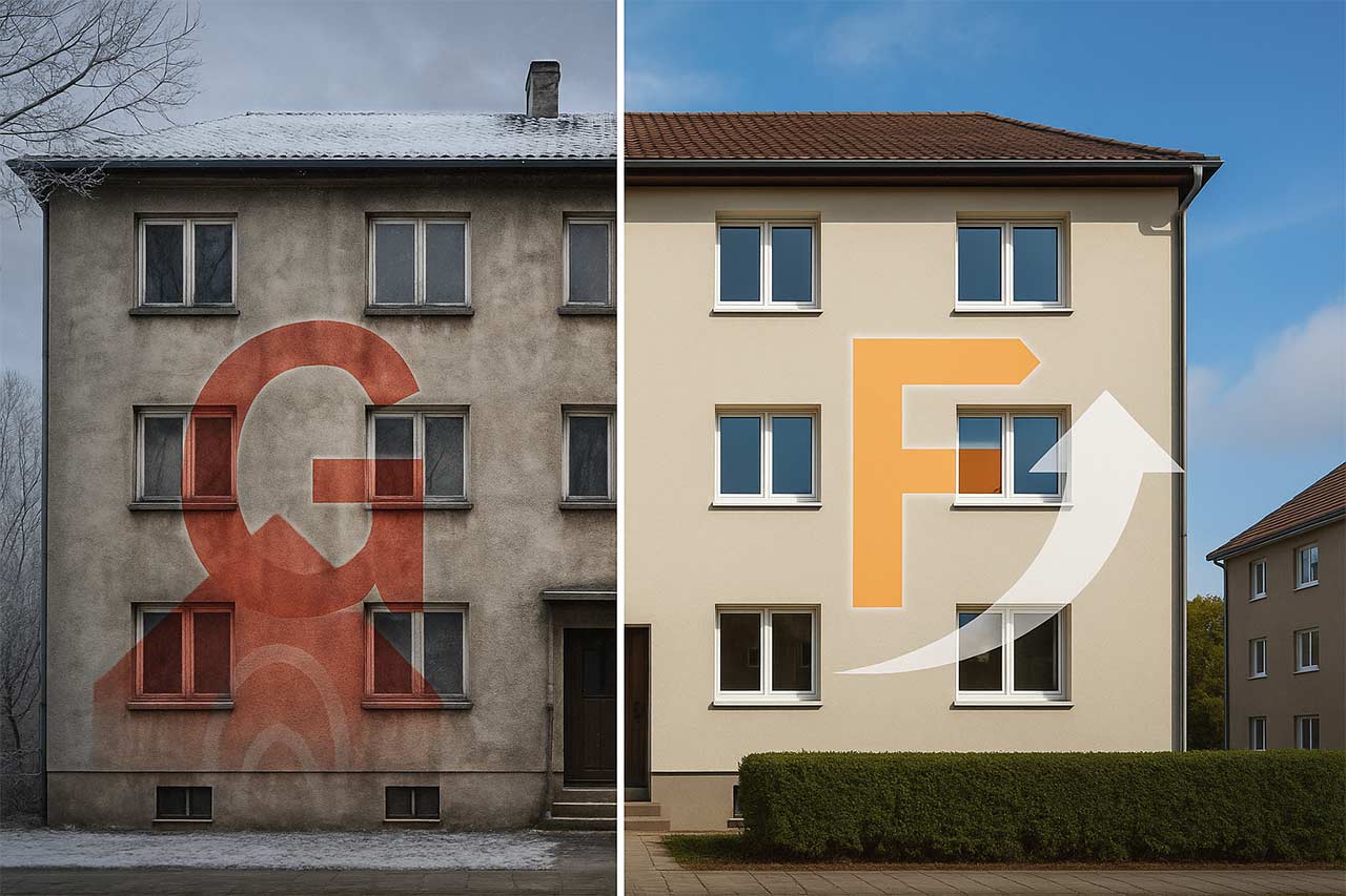 façade d’un petit immeuble avant/après en split screen : à gauche hiver gris, étiquette DPE G rouge en filigrane ; à droite façades isolées, nouvelles fenêtres, étiquette DPE F orange, flèche ascendante