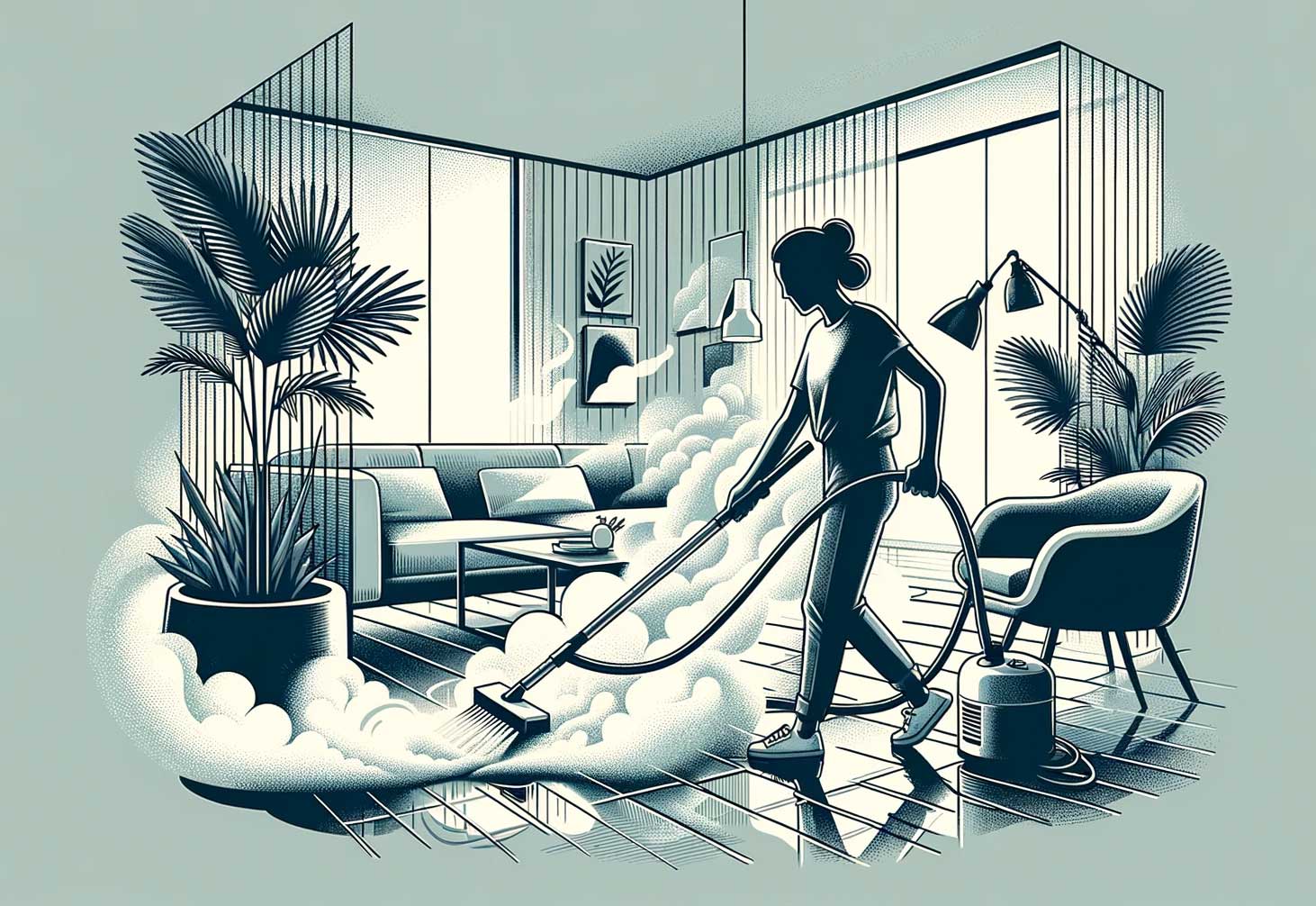 Illustration originale d'une personne utilisant un balai vapeur dans un intérieur moderne