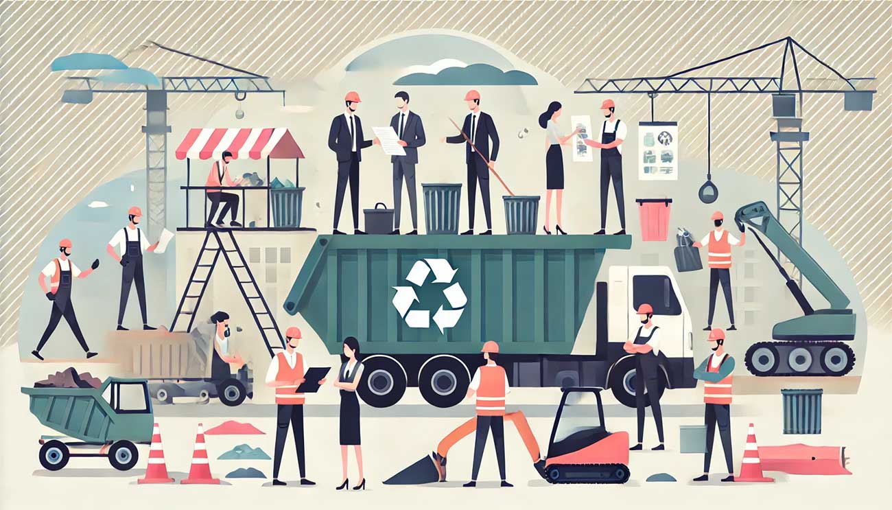 Une scène montrant des personnes organisant la gestion des déchets lors de travaux de rénovation majeurs. Une benne à déchets est au centre, entourée de gravats et de travailleurs équipés, utilisant des outils et discutant d’un plan sur un chantier propre et organisé.