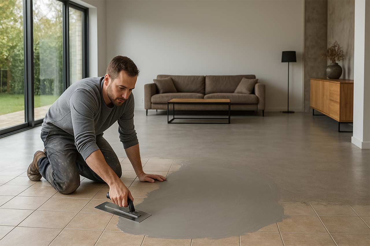 Artisan appliquant une couche de béton ciré gris clair sur un ancien carrelage dans un salon lumineux