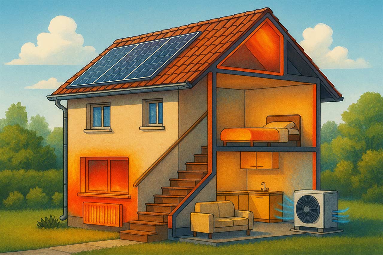 Illustration d’une maison en coupe, thermographie rouge-orangée sur les zones de perte de chaleur, panneaux solaires et pompe à chaleur montrant les solutions performantes.