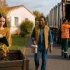 Des habitants participent au tri et au compostage des biodéchets dans un quartier résidentiel, avec collecte en bac marron et composteur domestique