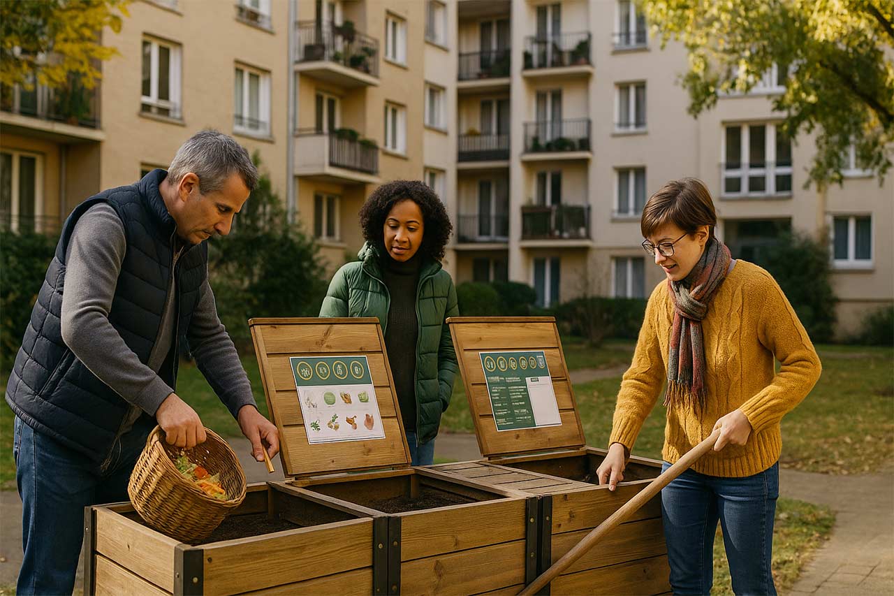 Un groupe de résidents en habitat collectif trie ses déchets alimentaires dans de grands composteurs partagés en bois, au pied d’un immeuble.