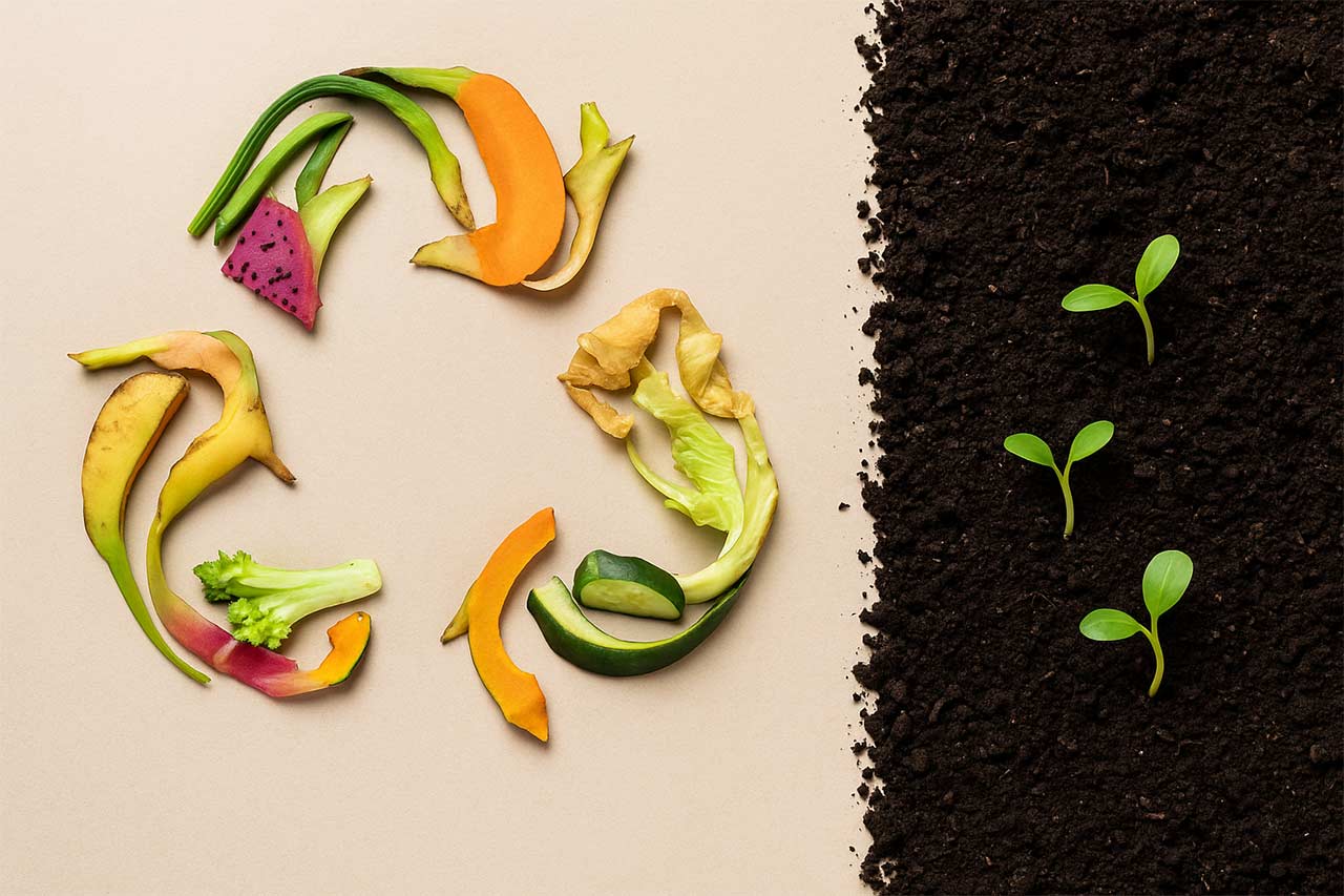 Des épluchures de fruits et légumes forment un symbole de recyclage coloré à côté de jeunes pousses vertes sortant du compost.