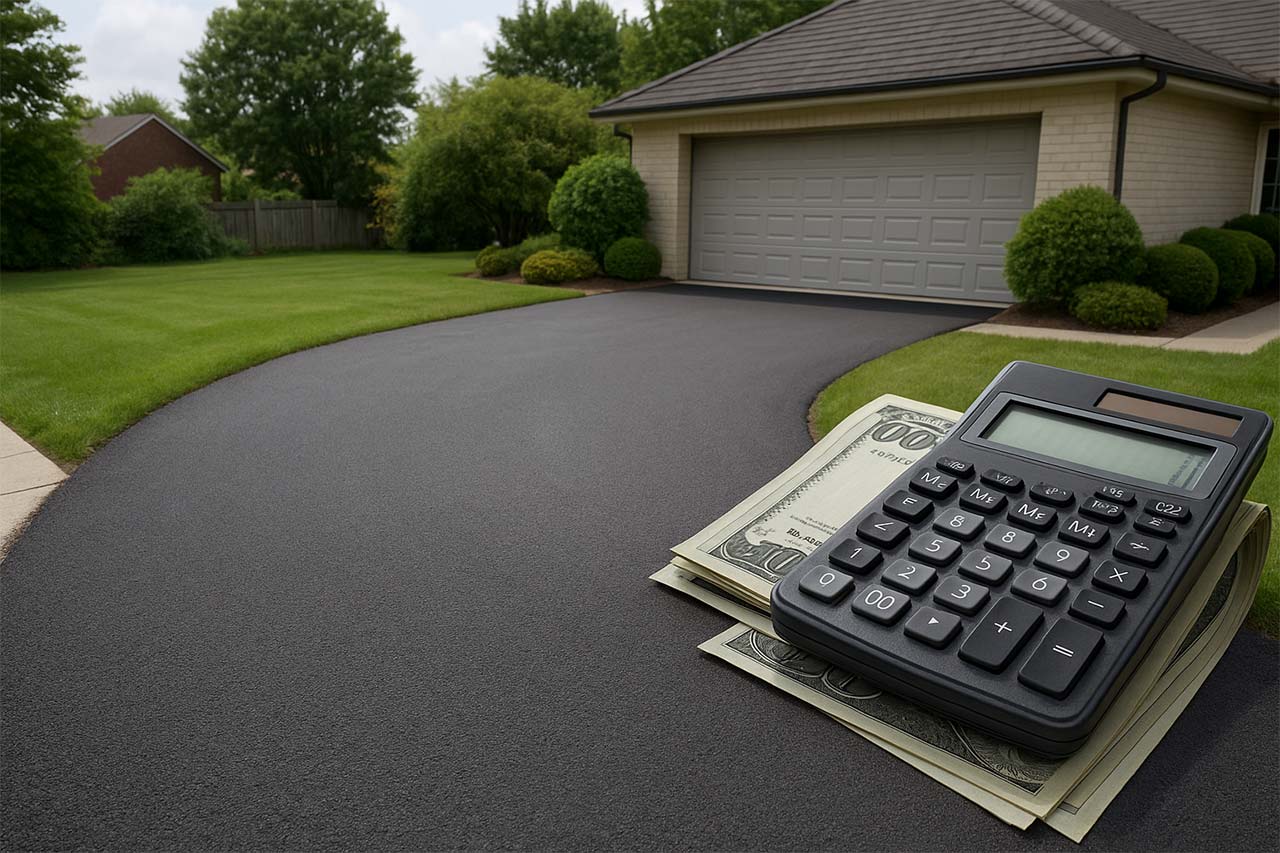 Allée de garage récemment goudronnée avec calculatrice et billets pour symboliser le coût du bitume