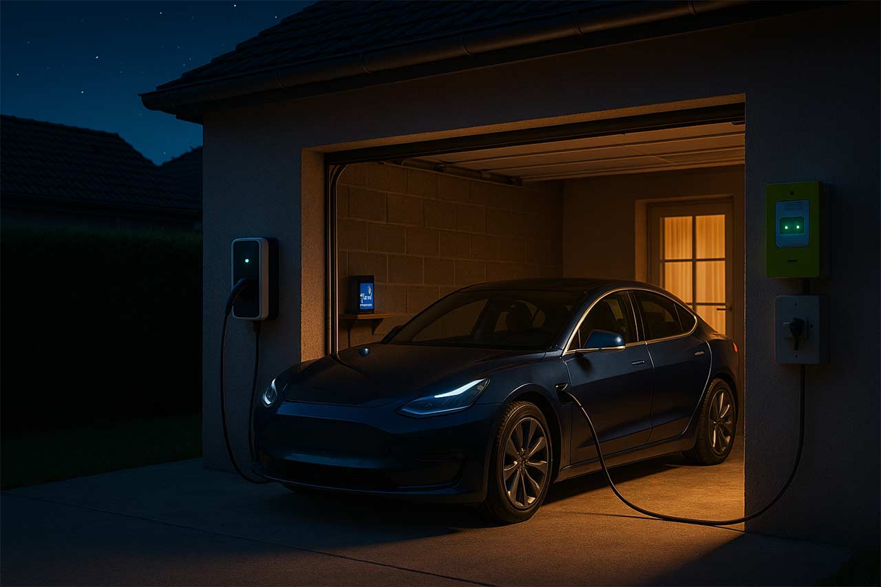 Maison individuelle la nuit avec voiture électrique branchée sur borne murale, compteur communicant visible