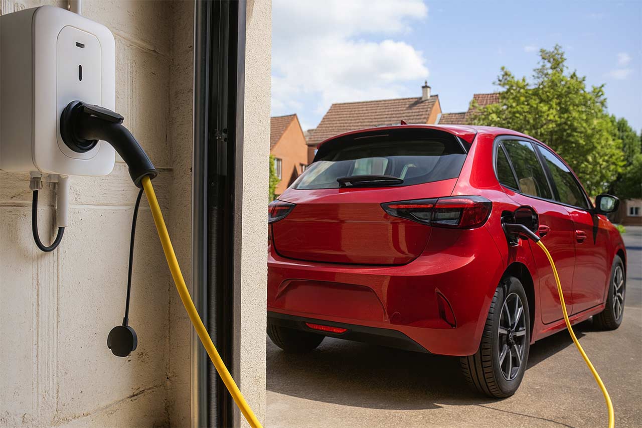 citadine électrique rouge vif est en cours de recharge dans l’allée d’un pavillon résidentiel. La voiture, au design compact et moderne, est branchée à une borne murale fixée à l’intérieur du garage. Le câble jaune relie le véhicule au chargeur, créant un contraste marqué avec la carrosserie brillante.