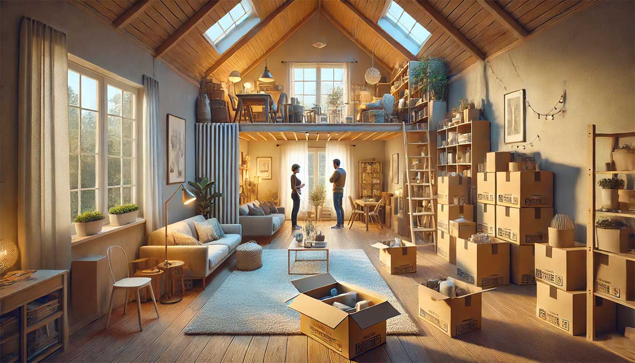 scène réaliste illustrant une maison moderne avec des espaces encombrés remplis d'objets du quotidien comme des cartons, des décorations de Noël, et du mobilier de jardin. À côté, un box de stockage sécurisé est visible, montrant des cartons et des objets soigneusement rangés.