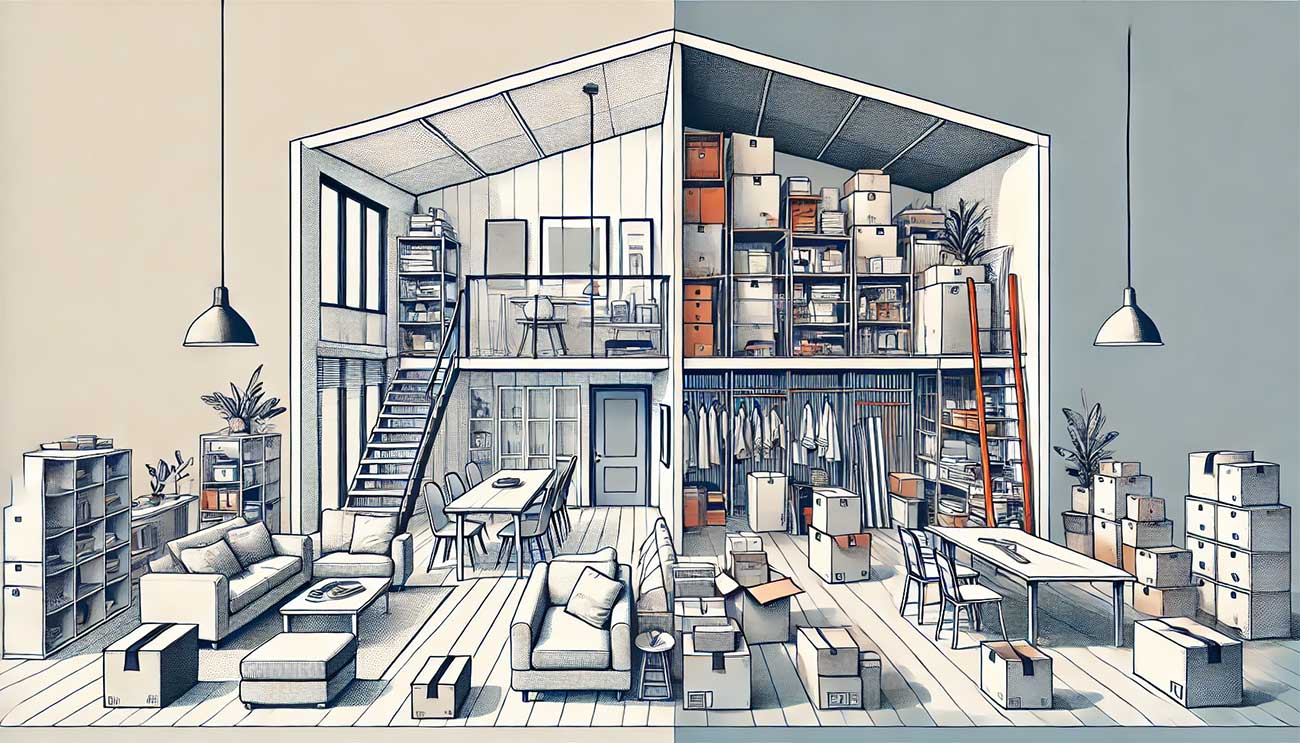  illustration au format paysage montrant une maison moderne libérée et épurée après le retrait de nombreux objets, avec des cartons et meubles placés dans un entrepôt de stockage en arrière-plan. L'image représente un contraste visuel entre un intérieur ordonné et minimaliste et une unité de stockage bien organisée. 