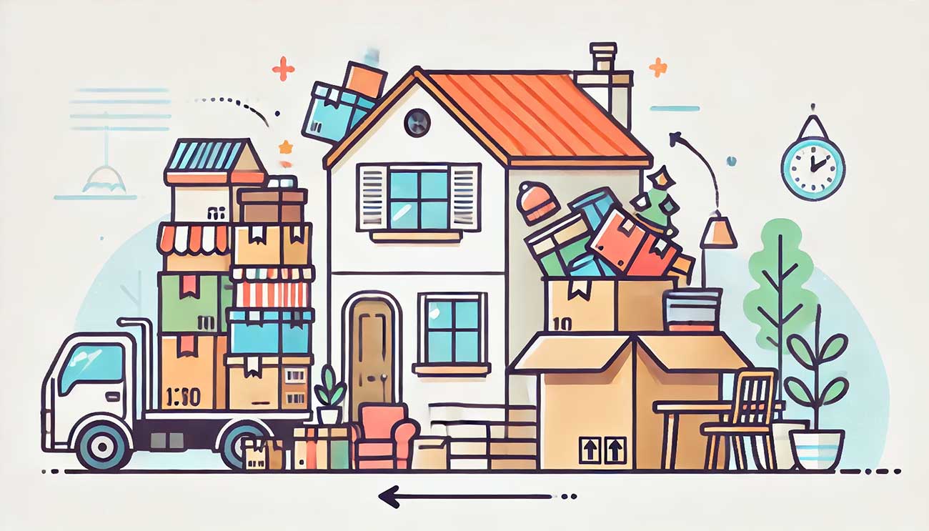  illustration vectorielle simple et colorée montrant une maison partiellement encombrée d'objets comme des cartons, des décorations de Noël et des meubles, avec un espace adjacent représentant un box de stockage bien organisé.