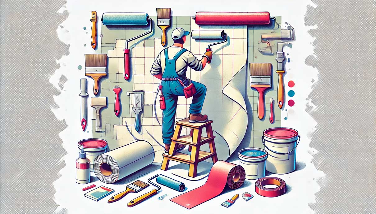 illustration graphique représentant un bricoleur en train de préparer un mur avant de peindre. Il utilise du papier de verre pour lisser la surface, entouré d’outils de peinture comme des pinceaux, des pots de peinture et des rubans adhésifs.