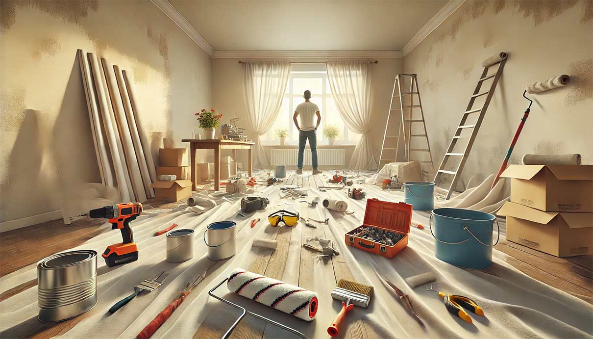 Scène large et détaillée montrant l'étape finale d'un projet de bricolage. Le travail de peinture est terminé, avec des couches propres et régulières sur le mur. Les outils tels que les rouleaux de peinture, les perceuses et les pinceaux sont soigneusement rangés et les feuilles de protection ont été enlevées, laissant un sol propre. À l'arrière-plan, la personne se tient en retrait, admirant son travail, les lunettes de protection reposant sur la table à proximité.