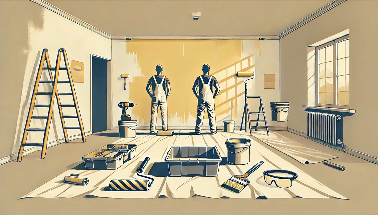 Scène de style graphique vectoriel représentant l'étape finale d'un projet de bricolage. Le dessin utilise des lignes nettes et simplifiées et des couleurs plates. Le travail de peinture est terminé, avec des couches lisses et régulières sur le mur