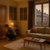 homme posant un joint de compression et un boudin de bas de porte, outils simples à proximité, texture du tapis épais au sol, ambiance salon
