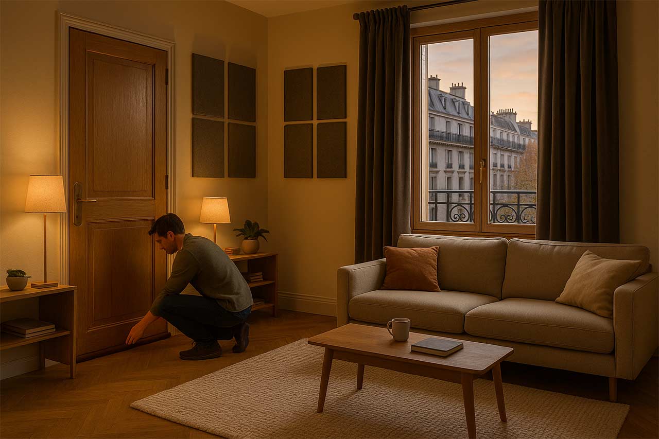 homme posant un joint de compression et un boudin de bas de porte, outils simples à proximité, texture du tapis épais au sol, ambiance salon