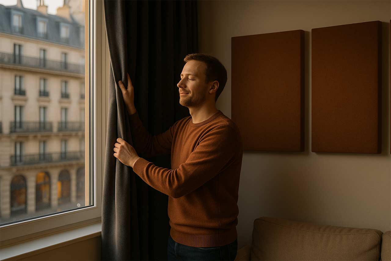 Portrait en intérieur d’une personne refermant des rideaux épais devant une fenêtre donnant sur rue, expression détendue, panneaux acoustiques en arrière-plan, ambiance silencieuse.