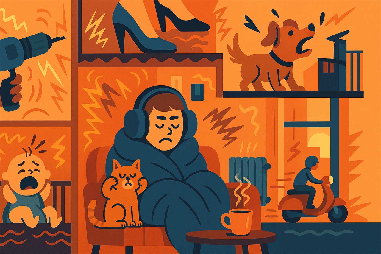 illustration comique montrant une personne éervée par les bruits environnants dans son appartement