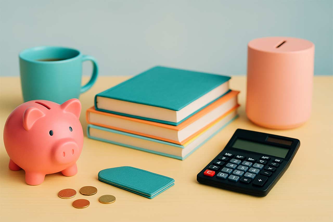 Scène colorée avec tirelire rose, calculatrice, pièces de monnaie et livres empilés sur une table jaune, évoquant le budget maison 2025-26