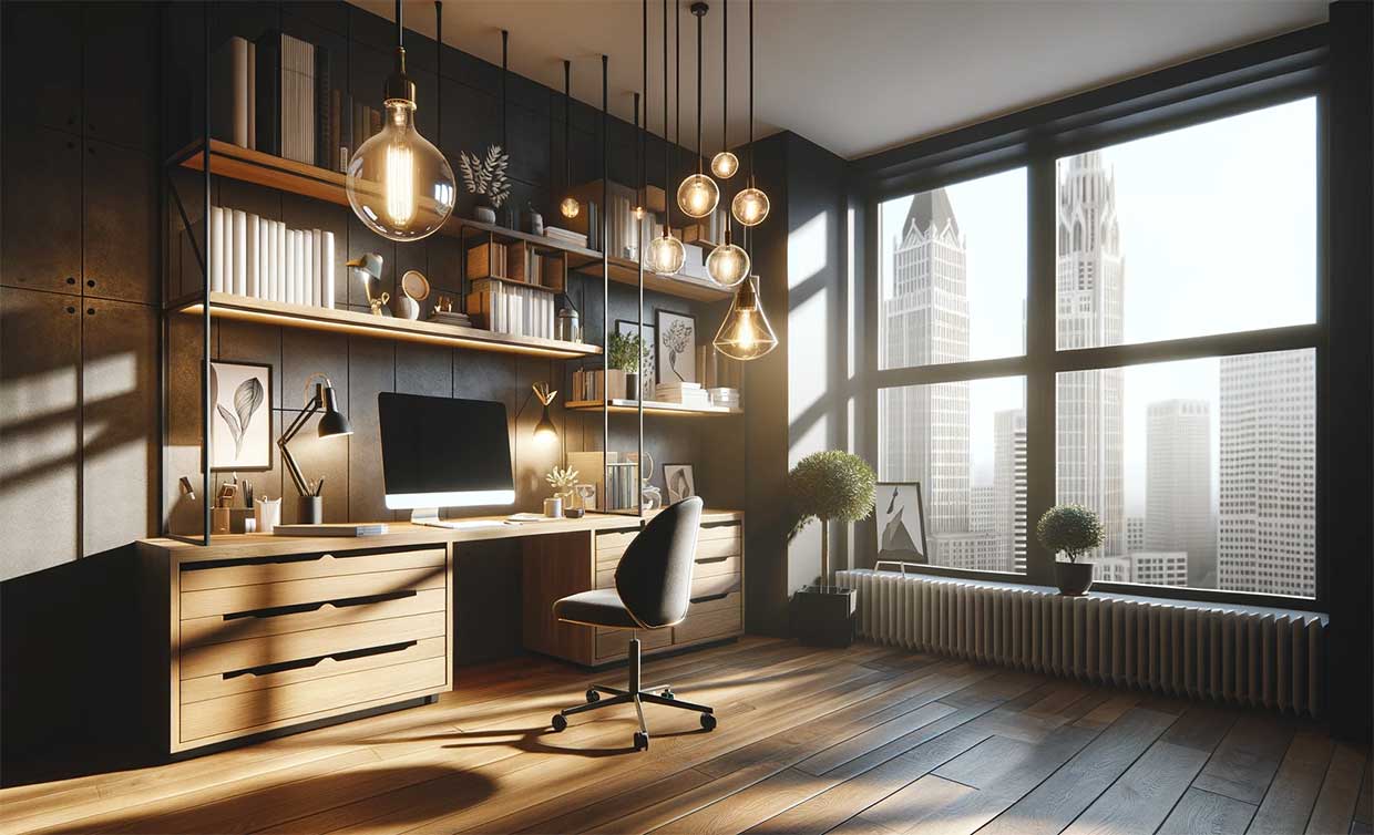 bureau à domicile élégant et confortable avec une conception d'éclairage minutieuse, mettant en valeur la créativité et l'efficacité
