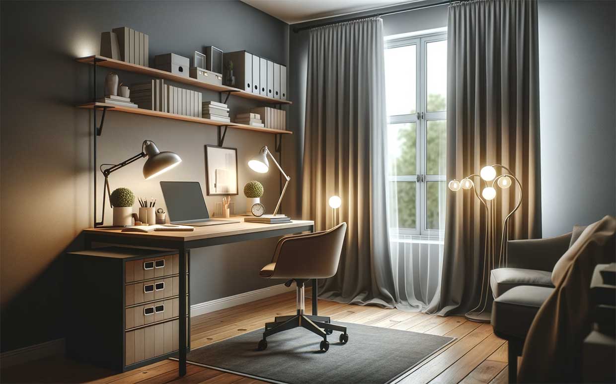 scène de bureau à domicile avec un positionnement stratégique de l'éclairage avec des spots LED à faible éblouissement et un bureau situé près d'une fenêtre avec des stores, maximisant l'utilisation de la lumière naturelle