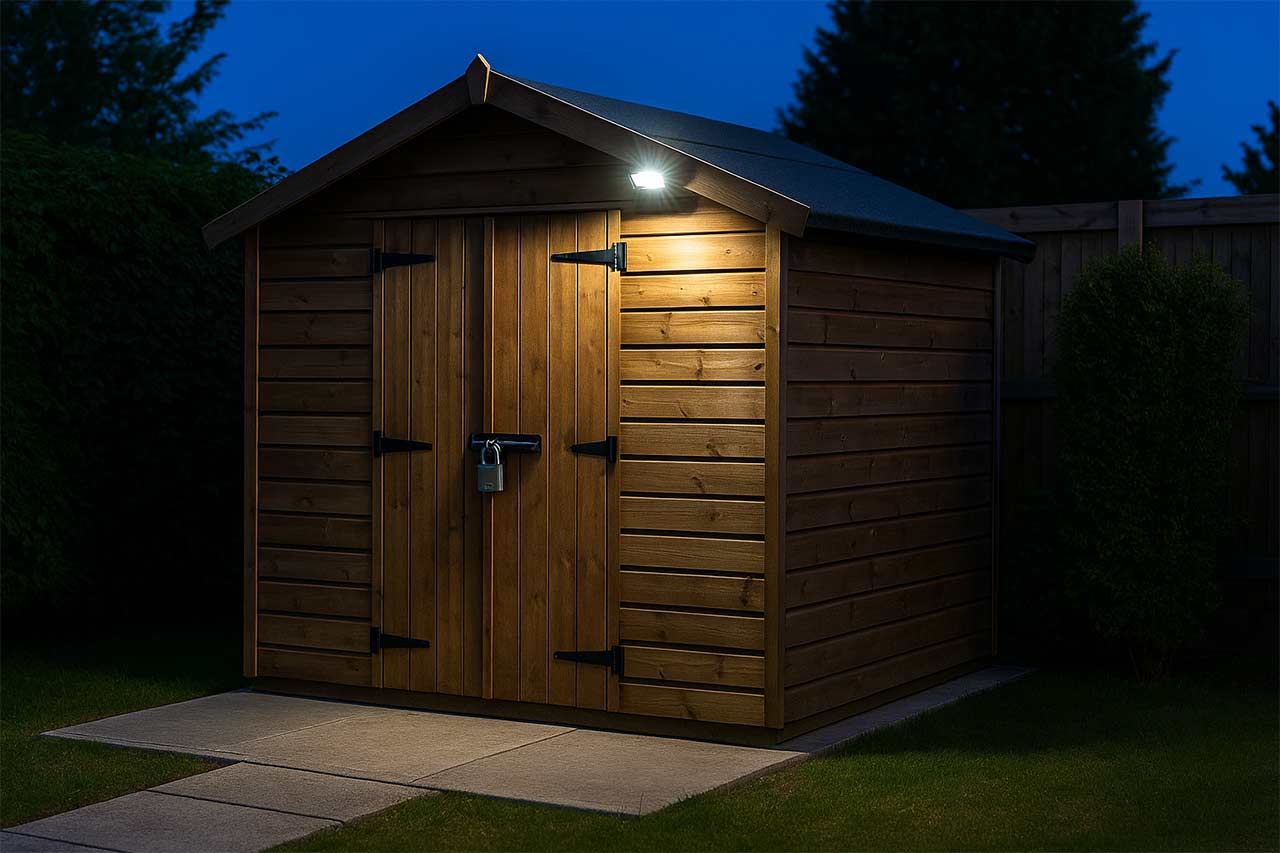 Abri de jardin en bois solidement ancré sur dalle, porte renforcée avec cadenas blindé, projecteur à détection allumé au crépuscule