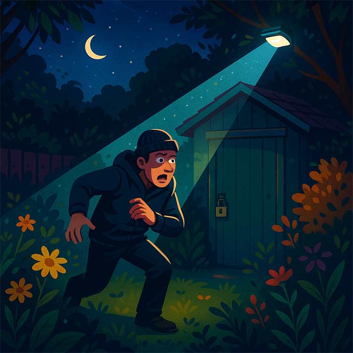 illustratione d’un jardin nocturne avec faisceau lumineux surprenant un intrus près d’un abri discret mais protégé