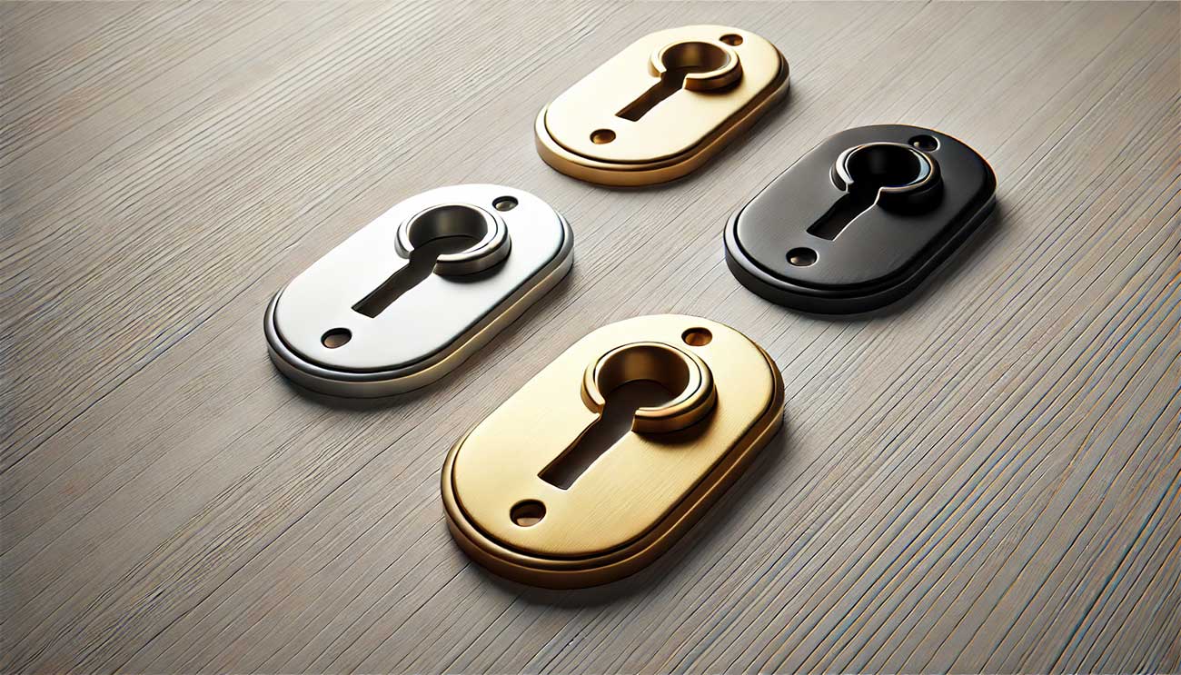 Image réaliste de 4 caches de serrure (couvercles) placées sur une surface en bois clair. Les écussons ont la forme de rectangles arrondis avec une découpe en forme de trou de serrure au centre.