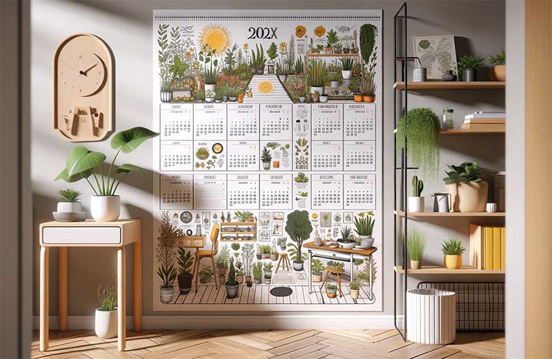 calendrier mural accroché dans un intérieur moderne et stylé, illustrant le concept d'un calendrier pour améliorer la maison et le jardin. Le calendrier est ouvert sur une page qui affiche des illustrations et des conseils pour l'entretien de la maison et du jardin, avec des images de plantes, de travaux de bricolage, et des notes utiles