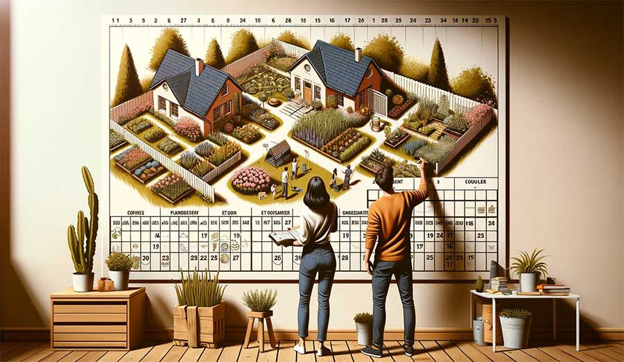 couple examinant un grand calendrier mural, conçu pour la gestion et l'amélioration de leur maison et jardin. Ils pointent et discutent des différentes tâches et projets planifiés pour chaque mois, comme la plantation de fleurs, la peinture de la clôture, et le nettoyage des gouttières.