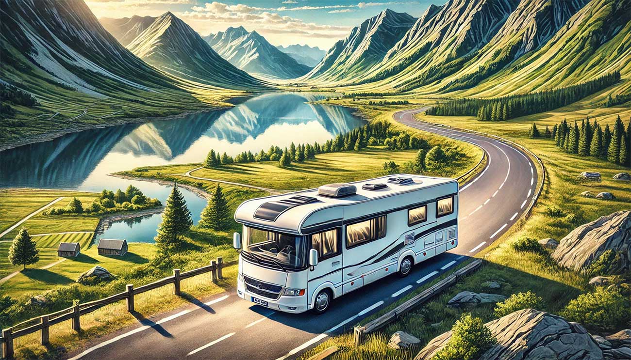 llustration réaliste et dynamique représentant un camping-car moderne sur une route panoramique bordée de montagnes et de verdure. Le camping-car est bien équipé, avec des détails montrant sa préparation pour un long voyage. L'ambiance est chaleureuse, avec un ciel bleu clair et des reflets sur le véhicule qui évoquent une journée ensoleillée.
