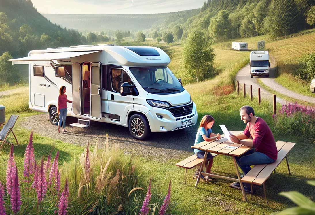 camping-car moderne et réaliste stationné sur une aire de repos naturelle en France, entouré de collines verdoyantes et sous un ciel clair. À proximité, une famille examine un document (symbolisant une assurance) tout en profitant du paysage. 