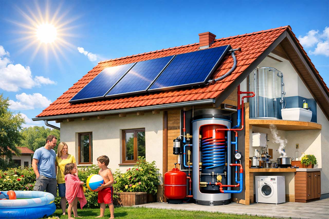 maison individuelle avec des capteurs solaires thermiques sur un toit en tuiles, grand soleil, ciel bleu, jardin familial. vue “coupée” discrète montrant le ballon d’eau chaude et le circuit solaire (tuyaux, échangeur)