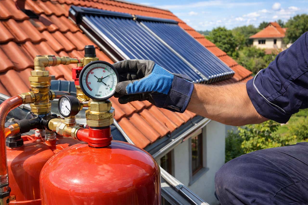 technicien effectuant la maintenance d’une installation solaire thermique sur un toit : lecture d’un manomètre, vase d’expansion visible, raccords et tuyaux, capteurs en arrière-plan