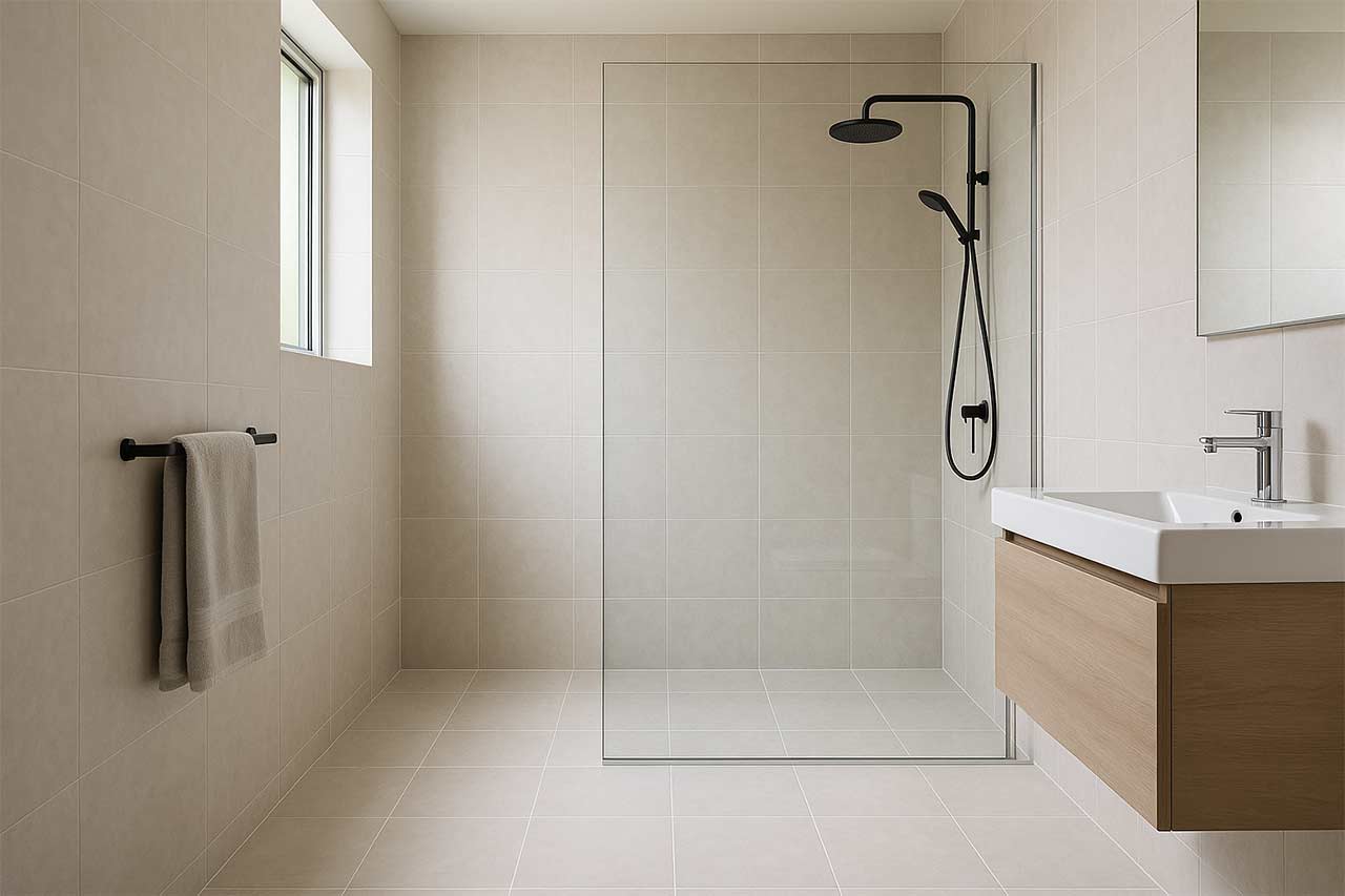 “Salle de bains moderne lumineuse avec douche à l’italienne, carrelage clair grand format, lignes de joints nettes et régulières