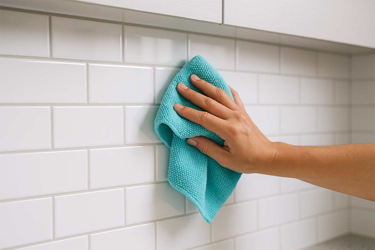Gros plan d’une crédence de cuisine avec carreaux métro blancs et joints très nets, main avec chiffon microfibre en train d’essuyer