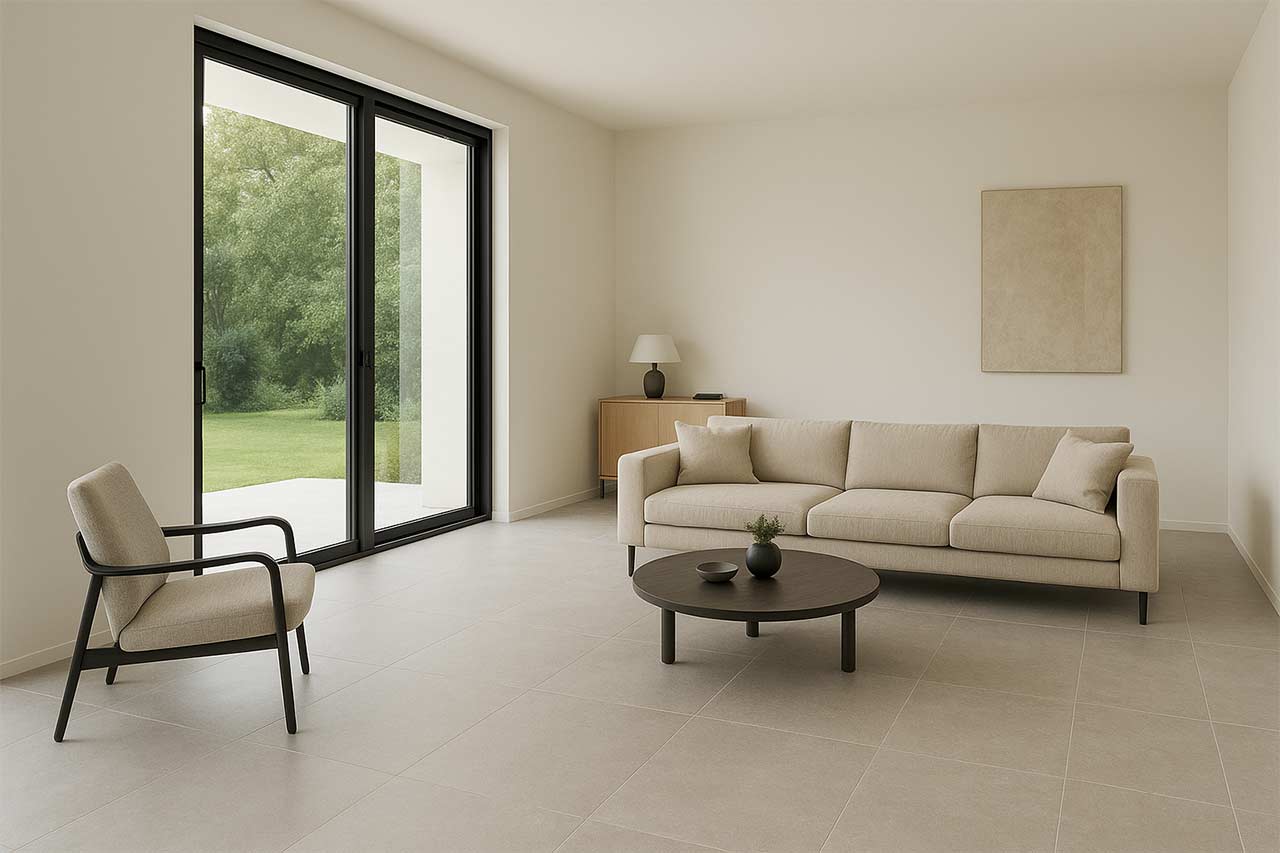 Vue d’un salon contemporain baigné de lumière avec carrelage XXL effet pierre, grandes baies vitrées et mobilier épuré