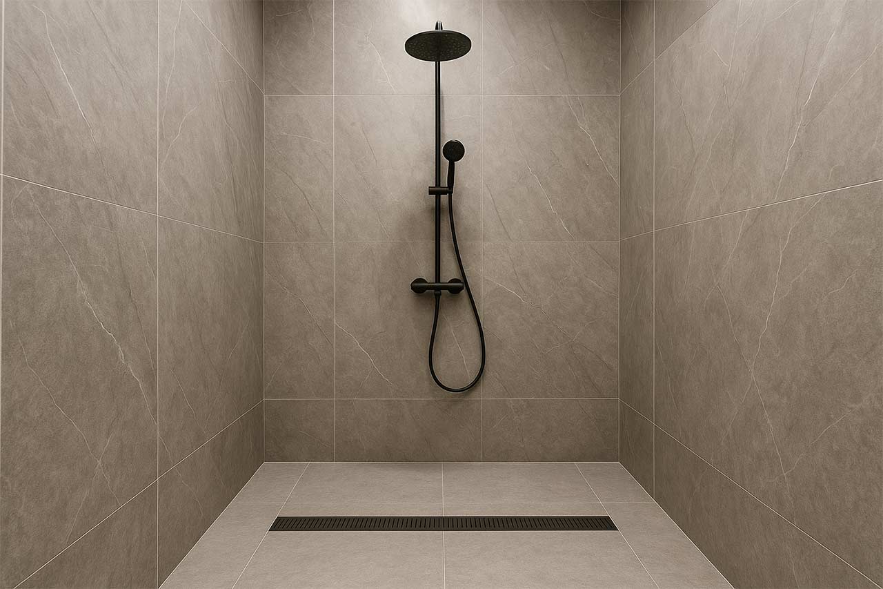 Gros plan d’une douche à l’italienne avec mur en grands panneaux et sol antidérapant, caniveau discret
