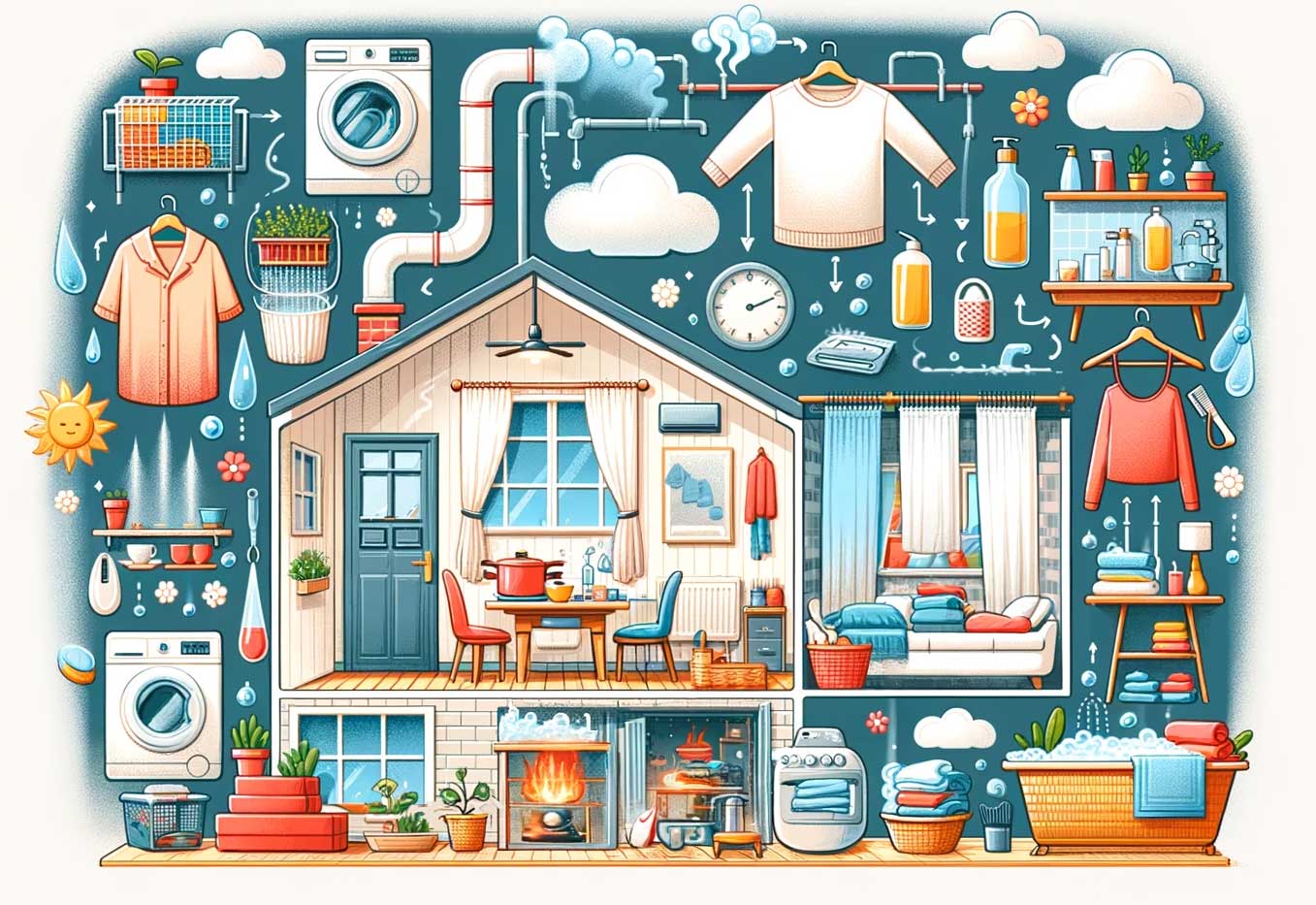  illustration graphique originale montrant des activités domestiques telles que la cuisson, le bain, et le séchage des vêtements, contribuant à l'accumulation de l'air chaud et à la condensation dans une maison moderne