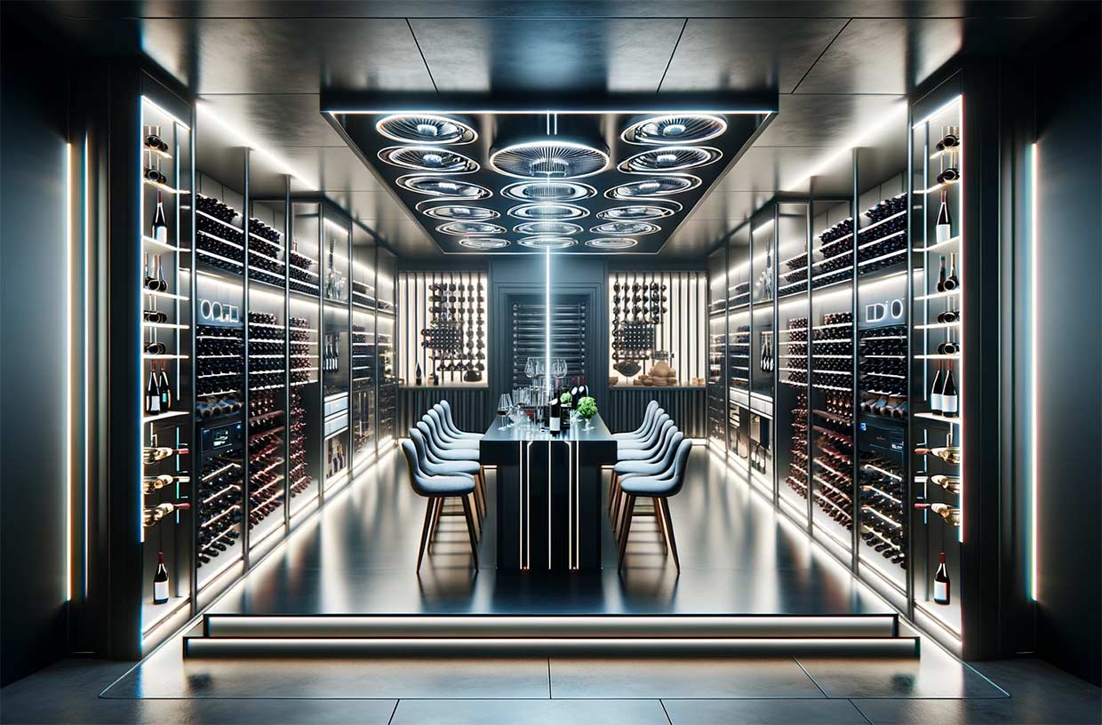 Illustration d'une cave à vin moderne de haute technologie, dotée de systèmes de contrôle climatique de pointe, d'un éclairage LED et d'un design épuré et minimaliste. La cave est remplie de casiers à vin bien organisés, d'une grande variété de bouteilles de vin et d'un espace de dégustation central avec une table et des chaises élégantes. L'atmosphère est sophistiquée et futuriste, mettant en valeur les dernières tendances en matière de stockage et de présentation du vin.