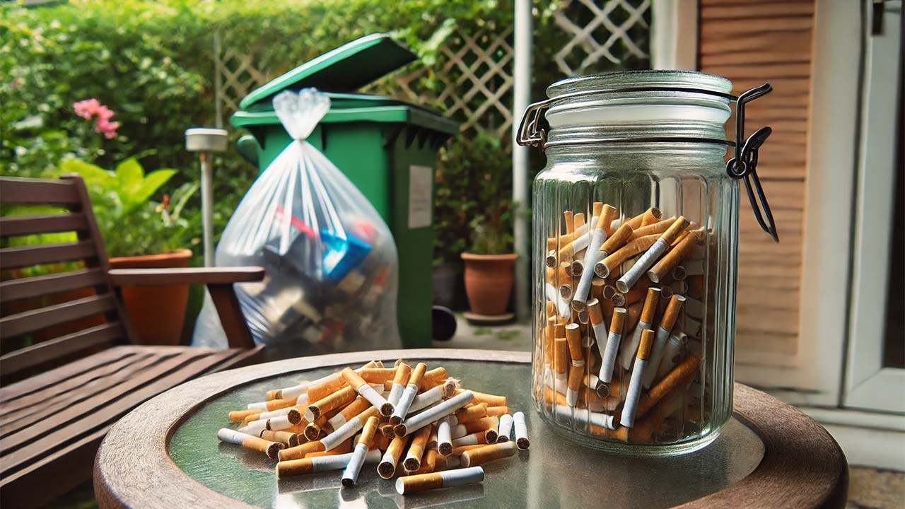 cendrier en verre rempli de mégots de cigarettes, posé sur une table. À côté, un sac plastique fermé contenant des déchets, prêt à être jeté. En arrière-plan, une poubelle extérieure dans un jardin bien entretenu.
