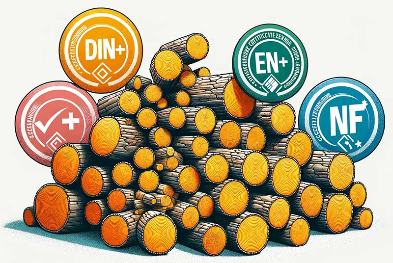 illustration abstraite et colorée représentant des granulés de bois sous forme de cylindres compacts entourés de certifications DIN+, EN+ et NF, dans un style graphique